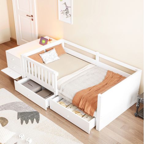 Lit mezzanine enfant 90x200 cm métal et MDF blanc, rangement, gain de place, sans matelas – MEUBLIV (1/5)