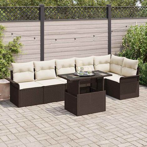 Conjunto de sofá de jardín con cojín 7 pcs Marrón Poliratán (1/5)
