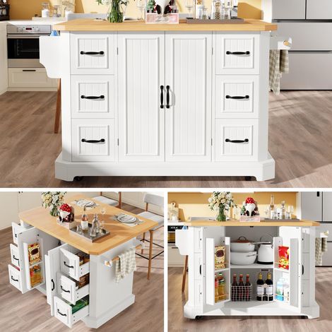 Kücheninsel mobil, Küchenschrank, Küchenwagen mit 2 Türen & 6 Schubladen, rollbar, (120x45(75)x91 cm), Weiß/Schwarz