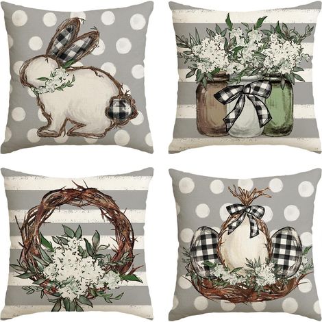 Lot de 4 housses de coussin décoratives saisonnières - 40 x 40 cm - Motif lapin et œufs de Pâques - Décoration saisonnière pour canapé, salon (1/5)