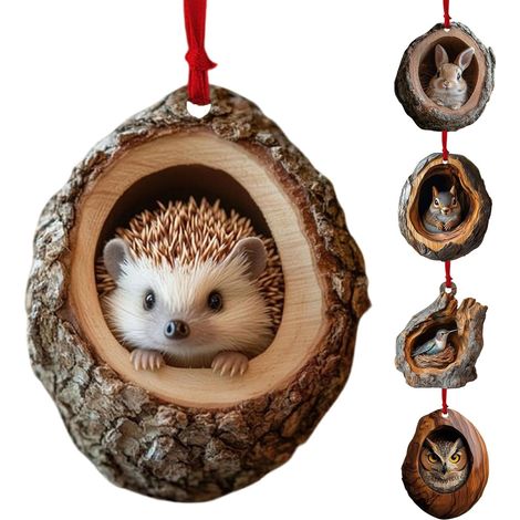 Ornements Noël animaux en acrylique, raton laveur, chouette, écureuil, design créatif, sapin, lot de 6 pièces, déco festive (1/4)