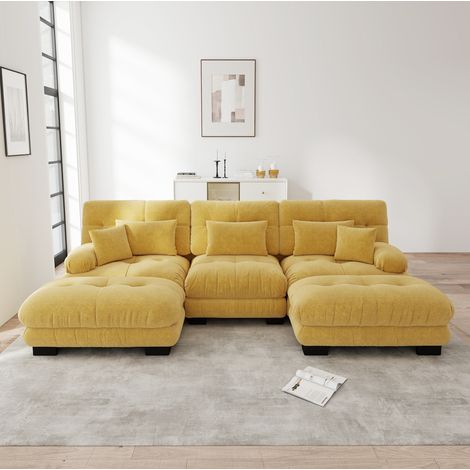 Modulares U-Sofa gelb aus Chenille mit tiefem Sitz und beweglichen Ottomane (1/5)