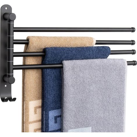 Toallero de pared para baño, giratorio 180°, de acero inoxidable, con dos barras giratorias, cuatro barras, color negro. (1/5)