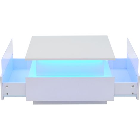 Tavolino da salotto LED lucido bianco 70x70x41 cm con 2 cassetti e vano trasparente (1/5)