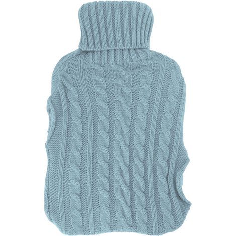 Bouillotte en caoutchouc anti-explosion – Bleu clair – Grande bouillotte à double insertion mains, housse tricotée torsadée (1/5)
