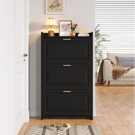 Zapatero de MDF y tablero de partículas negro 70 x 24 x 120 cm con 6 compartimentos ocultos (1/5)