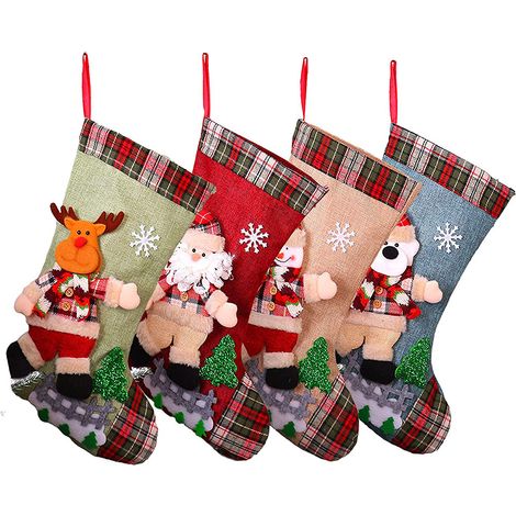 Chaussette De Noël - Tissu Non Tissé - Motifs Ours Père Noël Renne Bonhomme De Neige - Pour Cheminée Arbre Escalier - Lot De 4 (1/5)