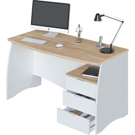 Escritorio de oficina 136x67x74 cm con cajonera y 3 cajones blanco mate y roble – Svizzera (1/5)