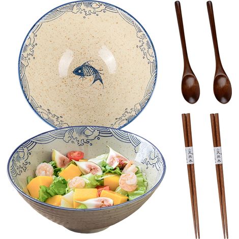 Lot de 2 bols à ramen en céramique avec baguettes et cuillère - 1000 ml - Grand bol à ramen japonais - Passe au micro-ondes et au lave-vaisselle - Pour pâtes, salade, udon pho et soupe (1/5)
