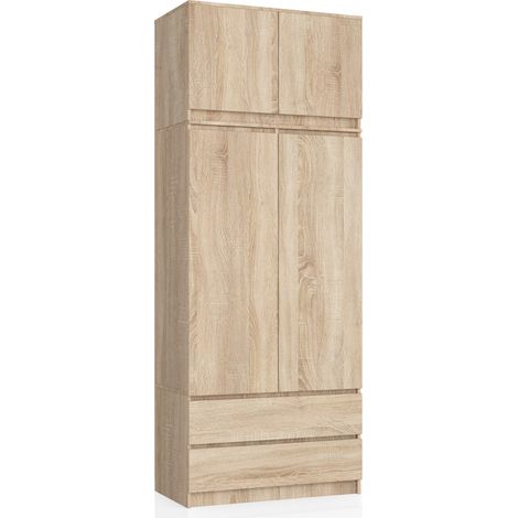 Akord – Armoire surmeuble 90 cm – 2 portes battantes – 2 tiroirs – 6 étagères – Panneau stratifié Chêne Sonoma – Hauteur 234 cm – Profondeur 51 cm