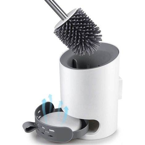 Set di scopini per WC in silicone, da parete o da pavimento, con manico lungo in acciaio inox e supporto ad asciugatura rapida, per il bagno. (1/5)