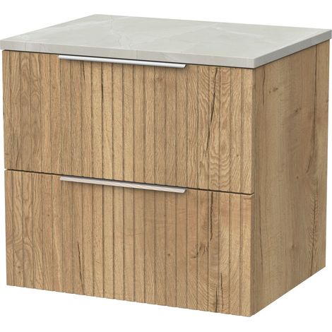 Callingwood Contemporary Wall Hung 2 Drawer Vanity Unit with Marble Plaster Laminate Worktop , 600mm, Autumn Oak