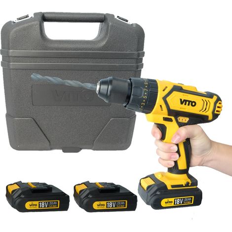 Perceuse visseuse 18V + 3 Batteries lithium 2,0Ah + Chargeur rapide Mallette 18 accessoires VITO (1/6)