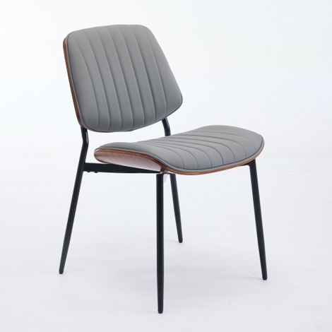 Chaises de salle à manger style rétro Mid-Century Modern (lot de 2) — Dossier en bois courbé finition noyer, assise rembourrée, pieds en métal et patins réglables (PU gris) (1/5)