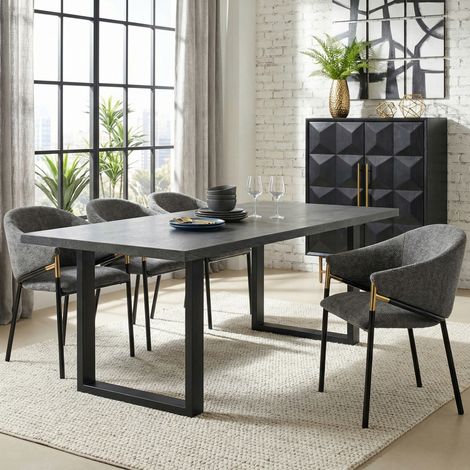 Set de 2 chaises de salle a manger en chenille grise avec accoudoirs en acier inoxydable dore, confortables (1/5)