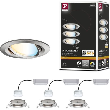 Spot encastré LED Nova Plus Smart Home ZigBee kit rond orientable 3x6W Tunable White gradable Acier brossé spot Alu zinc 2700K (1/5)