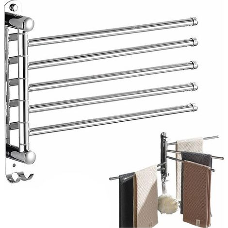 Toallero de baño, Toallero giratorio de acero inoxidable 304-5 barras, Requiere perforación, Apto para cocina, baño y dormitorio, Plateado (1/5)