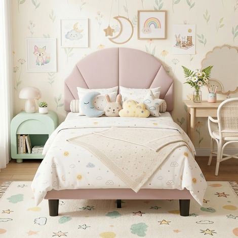 Lit simple 90x200 cm, lit enfant, avec tête de lit réglable en forme de coquillage, velours, sommier à lattes, lit princesse, lit tapissé - Rose