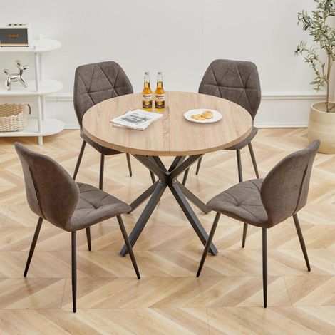 Esstisch-Set mit 4 Stühlen, 100 cm runder Holztisch, Leinenstühle, Küche/Esszimmer (1/5)