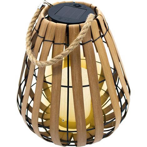 Solar Laterne mit LED Kerze in warm weiß mit Flackereffekt - 30 x 25 cm - Gartenleuchte in Holz Optik mit Jutekordel zum Hängen