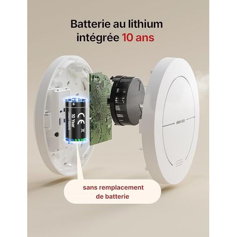 Detecteur de fumée, Batterie de 10 Ans, Pas de LED Clignotante, Fonction silencieuse, avec tampons adhésifs, Son d'alarme de 85 DB, Alarme Incendie Plate (1/4)