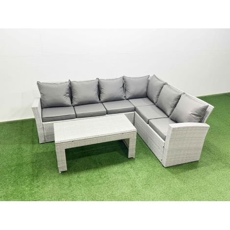 Fimous 6 Seater Garden Outdoor Rattan Furniture Set Rattan Corner Sofa Oblong Coffee Table Set Light Grey Mixed (1/4)