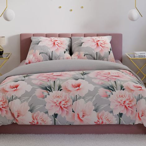 Parure de lit Marigold 220x200 cm - satin de coton, motif floral dans les tons de rose (1/5)