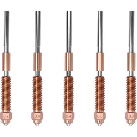 Confezione da 5 ugelli K2 Plus in acciaio temprato e lega di titanio per stampanti 3D Creality Hi. Gli ugelli K2 Plus per alte temperature hanno diametri integrati di 0,2/0,4/0,6/0,8 mm.