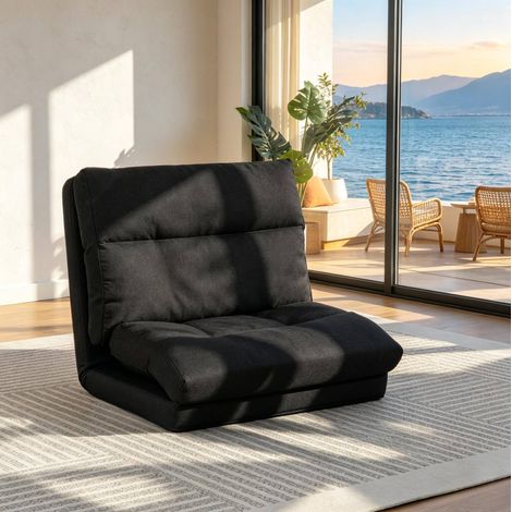 Fauteuil de sol réglable convertible en chauffeuse 1 place tissu noir avec dossier inclinable 5 positions, siège pliable en lit d'appoint 70x72x56 cm - CHICFURN (1/5)