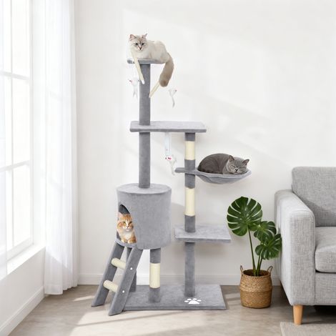 Katzenkratzbaum, 134 cm hoch, mit 6 Stämmen, 3 Plattformen, Höhle, Hängematte, Leiter und 4 Hängespielzeugen, Grau
