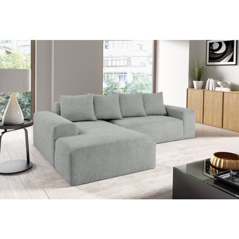 Canapé d'angle MODULA avec coussins en tissu bouclette gris angle gauche