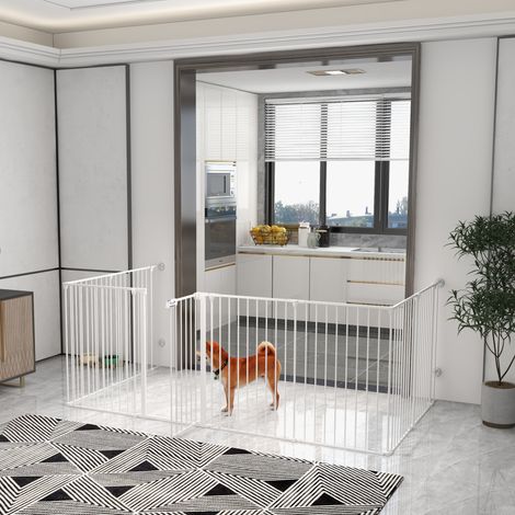 Enclos et barrière 2-en-1 pour chiots - porte verrouillable - hauteur de 90 cm - 8 panneaux - blanc - acier - Moderne