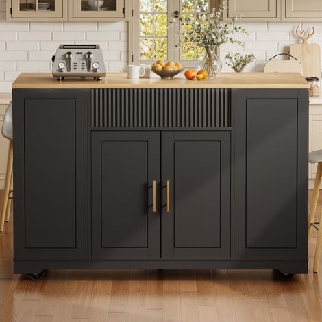 Îlot de cuisine mobile 120x50x92 cm avec compartiment poubelle, 2 portes et 3 tiroirs - Sans poubelle - Parfait comme chariot de service, buffet ou îlot roulant