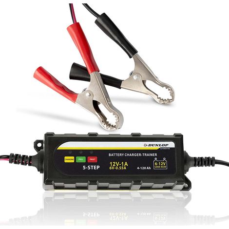Chargeur Intelligent DUNLOP 1A 12V - Chargeur Batterie Voiture & Moto, Gel & Standard, Charge Auto 5 Étapes, Sécurisé & Facile