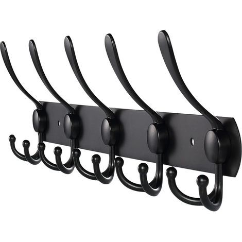 Wall-mounted coat rack, 43 x 4 cm – Black stainless steel – 5 hooks for coats, hats, bags – Maximum load 30 lbs (1/5)