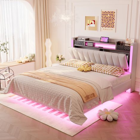 Cama matrimonio con almacenaje LED USB 140x200 beige OKMYHOME (1/5)