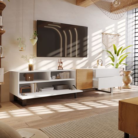 Meuble TV moderne avec finition en bois blanc veiné, mesurant 180 x 50 x 38 cm, présentant un design minimaliste convenant aux salons et aux chambres. (1/5)