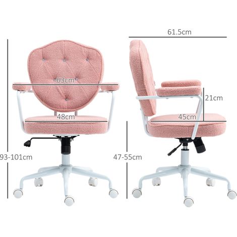 Chaise de travail pivotante et inclinable, dossier capitonné, hauteur ajustable, assise moelleuse en molleton rose, idéale pour télétravail et bureau à domicile. (1/5)