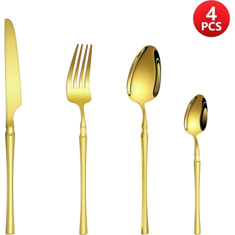 Ensemble de couverts en acier inoxydable doré (4 pièces), un petit ensemble de couverts exquis et luxueux. (1/5)