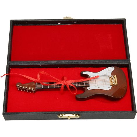 Guitare électrique miniature en bois, instrument de musique décoratif avec support et boîte de rangement, blanc café, 14 cm (5,5 pouces). (1/5)