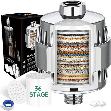 Filtre de douche à 36 niveaux avec vitamine C E pour eau dure, filtre anti-calcaire avec 2 cartouches filtrantes pour éliminer le chlore et les métaux lourds, améliore la santé de la peau et (1/5)