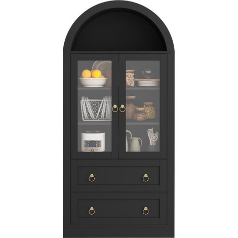 Meuble de rangement 80 x 36 x 170 cm silhouette arche format haut tiroirs intégrés portes vitrées portes de rangement finition noire (1/5)