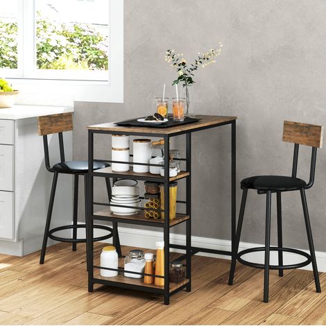 Tavolo bar con 2 sgabelli, set 3 pezzi con 3 ripiani, acciaio e MDF, rovere HAVRYA (1/5)