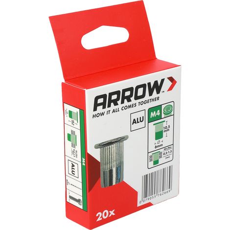 Arrow Blindnietmutter Typ RN Ø 6 x 10,5 mm mit M4 Gewinde Aluminium 20 Stück (1/3)