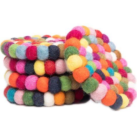 φ10 cm Rond Dessous de Verre en Boule de Feutre - sous Verres de Table Laine Mérinos - Dessous de Plat Absorbant pour Boissons -Multicolore - Lot de 5