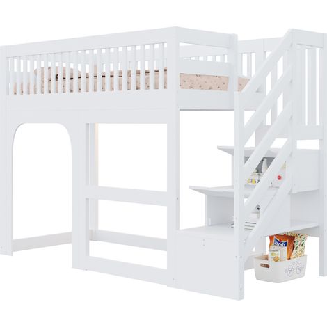 Lit mezzanine enfant 90 x 200 cm avec échelle de rangement, LED, espace ouvert sous le lit, barrières de sécurité, blanc - CHICFURN (1/5)