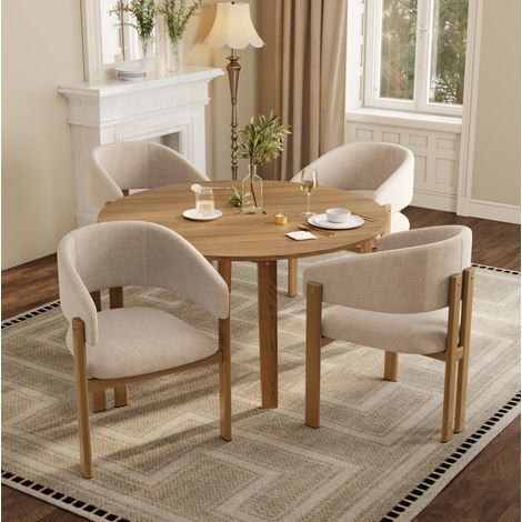 Chaises de salle à manger en métal effet bois, lot de 4, avec accoudoirs, tissu lin beige HAVRYA (1/5)