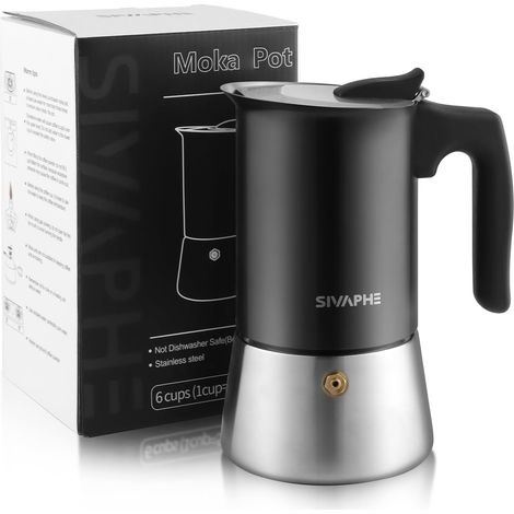 Cafetière à expresso à induction, cuisinière, machine à expresso, en acier inoxydable, cafetière moka, machine à expresso, sans aluminium, 6 tasses, 300 ml, noire (1/5)