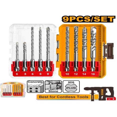 Ensemble de 9 forets pour marteau perforateur SDS Plus - Ø: 6x110mm + 8x110mm + 6x160mm + 6x160mm + 8x160mm + 10x160mm + 12x160mm + 14x160mm + 16x160