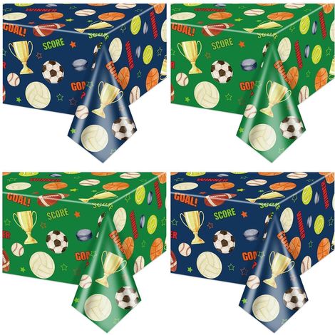 Sport Tischdecken 4er Pack, 130x220cm, Blau & Grün, Fußball & mehr